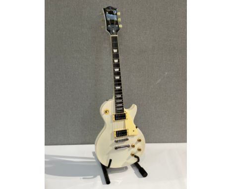 A Sheridan Les Paul style electric guitar with white body and AMG twin coil pickups, soft case 