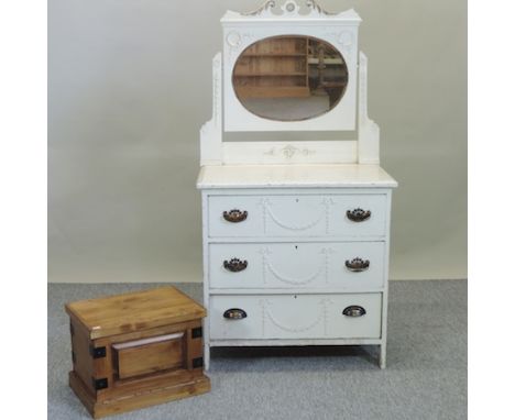 A white painted dressing chest, 78cm, together with a pine and metal bound trunk
