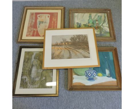 M. Carlo, contemporary, January, signed lithograph, 38 x 56cm, together with four various pictures 