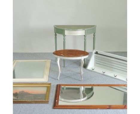 A green painted serpentine side table, 83cm, together with a walnut top occasional table, a white painted coat rack, mirrors 