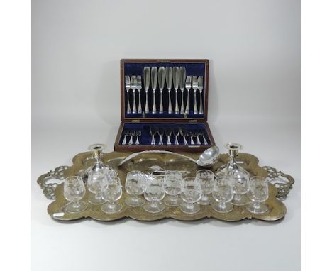 A brass tray, together with silver plated items, a set of liqueur glasses and a mahogany wall shelf