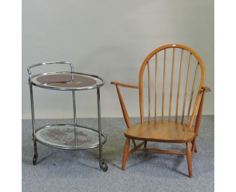 An Ercol light elm chair, together with a 1950's chrome hostess trolley, 66cm