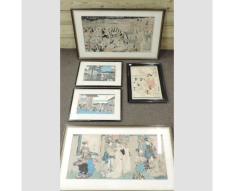 A Japanese woodblock print, 37 x 72cm, together with another and three smaller