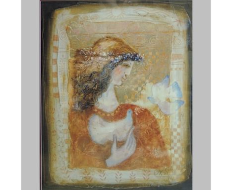 U.X.S.Y., 20th century, girl with doves, signed print, 50 x 40cm