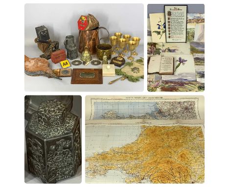 GROUP OF COLLECTABLES ANTIQUE & LATER including a large copper ale jug with loop handle, 22cms (h), oriental octagonal tea ca
