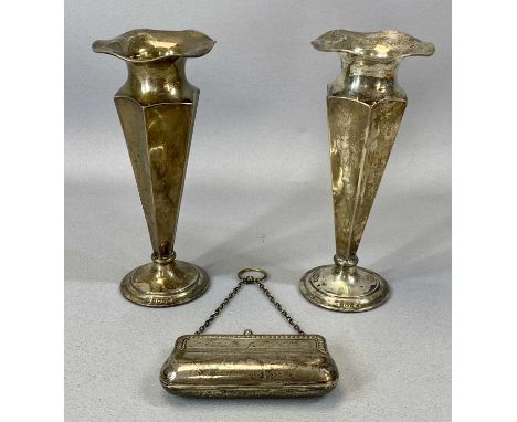 GROUP OF SILVER ITEMS, George V octagonal trumpet form vases a pair with weighted bases, Birmingham 1911, Boots Company, 19.5