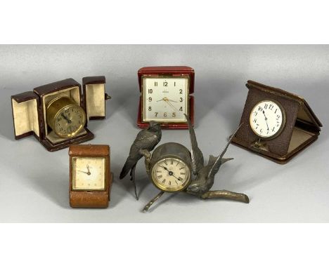 COLLECTION OF VINTAGE CLOCKS including a Looping eight day alarm clock in pig skin travel case, Angelus eight day alarm clock