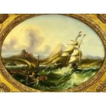 FOLLOWER OF JAMES WEBB (1825 - 1895) oil on board - ships in rough sea, signed, 28 x 38cms