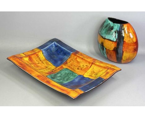 TWO ITEMS OF POOLE POTTERY comprising dish 9 (h) x 52 (w) x 39cms (d) globular vase, 27cms (h)Provenance: deceased estate Con