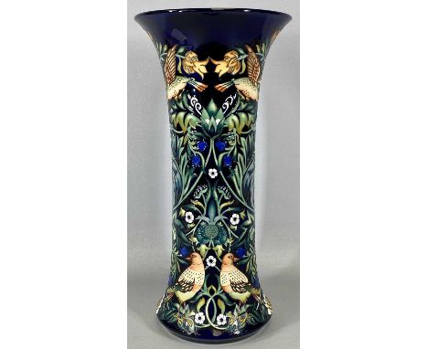 LARGE MOORCROFT 'TAPESTRY OF BIRDS' CYLINDRICAL VASE with flared rim, signed Marie Penkethman and W. Mason, 22.10.12, impress
