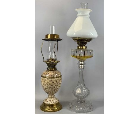 VICTORIAN BRASS & CERAMIC OIL LAMP with twin duplex burners, 33cms (h) excluding fitting, and good quality cut glass oil lamp