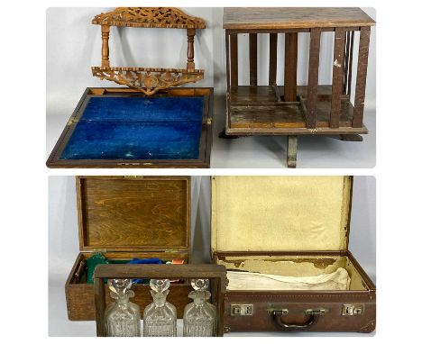 SMALL FURNISHING ITEMS including tantalus, cabinet top revolving bookcase, vintage oak writing slope and other items of treen