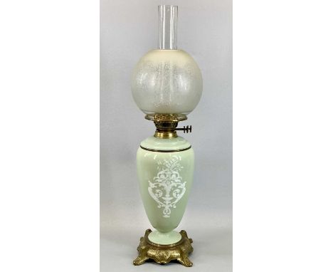 VICTORIAN CERAMIC OIL LAMP having Pâte-sur-pâte type decoration of classical figure and flowers, gilded metal mounts, twin bu