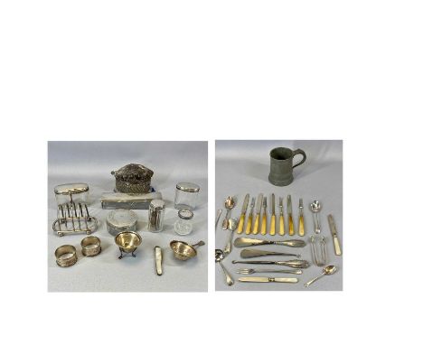 VARIOUS SILVER MOUNTED GLASS DRESSING TABLE JARS, silver handled button hook and shoehorn, two silver napkin rings, various s