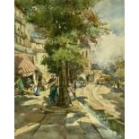 LILLIAN RUSSELL BELL (English 1864 - 1947) watercolours - village street with figures and shop,