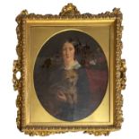 EARLY 20TH CENTURY oval oleograph - portrait of a lady with terrier, 71 x 58cms Provenance: deceased