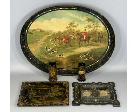 VICTORIAN LACQUERED PAPIER-MACHE including large oval tea tray painted with a fox hunting scene, 50 x 62cms, blotter folder i