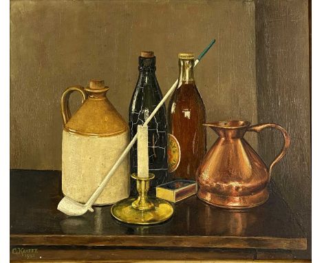 CARL RUDOLPH KRAFFT (American 1884-1938) oil on board - still life flagons, bottles, clay pipe, candle and matchbox, signed a