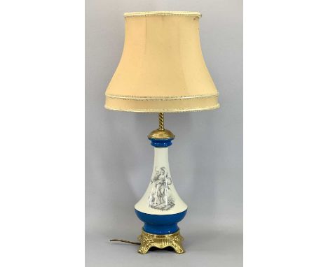 VICTORIAN PORCELAIN TABLE LAMP with glazed, turquoise and cream, decorated with classical figures with gilded mounts, fabric 