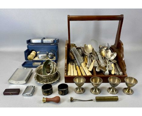 VARIOUS CUTLERY, PLATED ITEMS & COLLECTABLES including a vintage Rolls Razor shaving set and a mahogany cutlery carrierProven