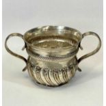 VICTORIAN SILVER PORRINGER loop handles, engraved with crest, hallmark rubbed, 8cms (h), 5ozs