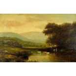WILLET? (19th century) oil on board - cattle grazing with mountains and buildings to background,