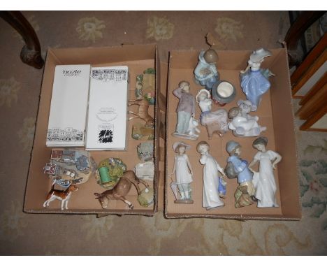 Two boxes of decorative ceramics, including Nao and other figurines, a Beswick hound, two Beswick donkeys and two boxed Hazle