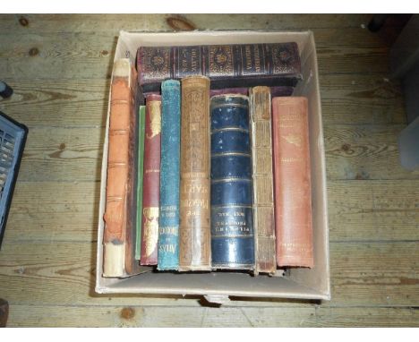 A box of principally leather bound volumes, including the illustrated magazine of Art, Punch magazine, the illustrated Motori
