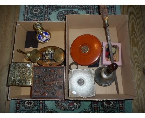 An interesting mixed lot, including a set of postal scales, a leather cased measure by Rabone, an antler handled carving stee