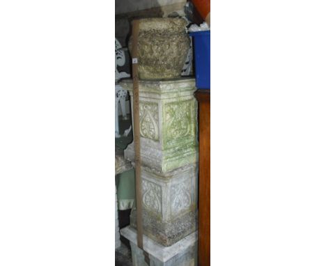 Three reconstituted stone garden plinths, together with a reconstituted stone garden planter, decorated with Celtic knot band