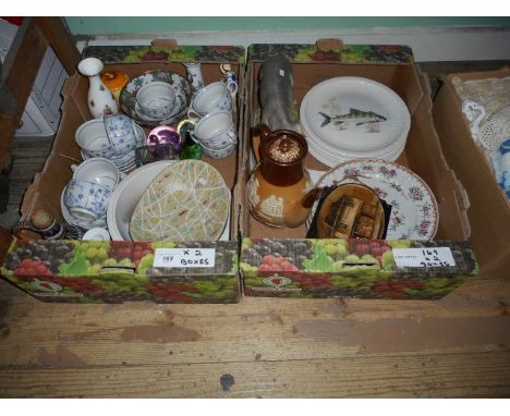 Two boxes of decorative ceramics, including a Doulton Lambeth stoneware flask, a Continental porcelain model of a sow, Spanis