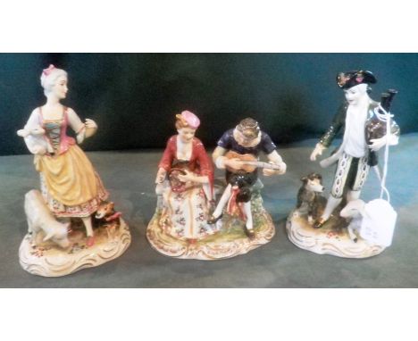 A pair of Continental porcelain figures of a piper and shepherdess, together with a figure group of a young lady with basket 