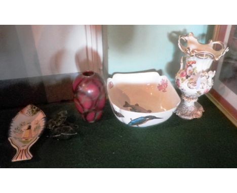 Five pieces of decorative ceramics, including a Minton bowl, decorated with birds, insects, flowers and fish, after W F Colem