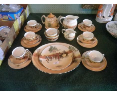 A Royal Doulton six place tea service, comprising cups, saucers, coaching scenes tea plates, teapot, cover and stand, milk an