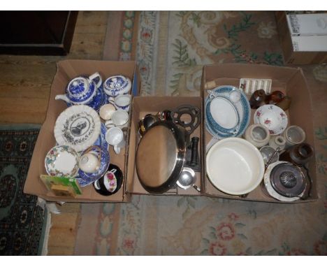 Three boxes of various items, including silver plated part-tea service, Edwardian sauce tureen, biscuit barrel, stoneware bot