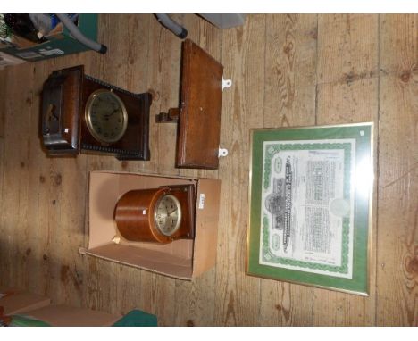An Edwardian oak cased mantle clock, the English gong striking eight day movement faced by silvered Arabic dial, together wit