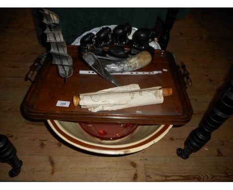 A mixed lot, including a modern wool rug, Victorian meat dish, carved horn model of a three masted sailing boat, bread crock,