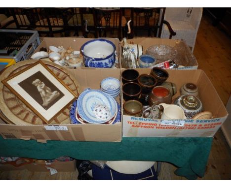 Four boxes of various items, including stoneware goblets, studio pottery, Chinese rice bowls, cocktail mixer, soda syphon, ce