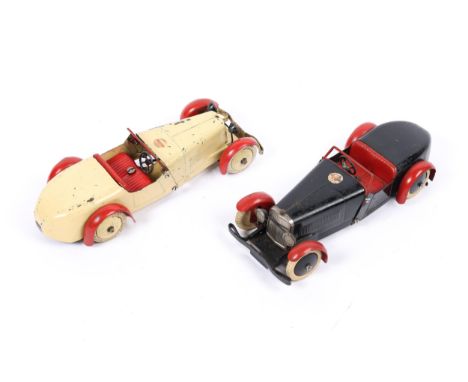 2 scarce 1930's No.1 Meccano Constructor Cars. examples made as open top round trail tourers. One in black with red mudguards