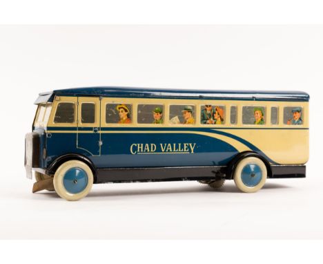 A scarce Chad Valley tinplate clockwork single deck bus. (10005) An example finished in dark blue and cream 'Chad Valley' liv