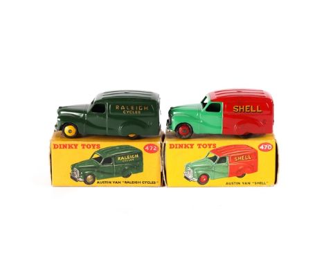 2 Dinky Toys Austin Van. SHELL-BP (470) in red and light green, with red wheels. Raleigh Cycles (472) in dark green with yell