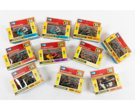10 Britains motorcycles. 4x No.9672 British dispatch rider, 9679 German army dispatch rider, 9673 Police patrol man, 2x 9696 