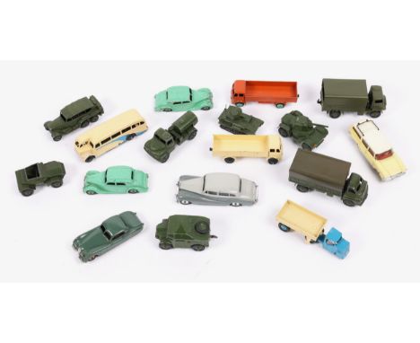 17 Dinky Toys. 2x Riley in light green. 2x Forward Control Lorries, cream and orange. Half Cab Bus in cream with blue flash. 