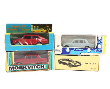4 die cast. Politoys FORD LOLA G.T. A Russian made 1:43 scale model of a LADA in grey, a Russian made model of a  MOSKVICH in