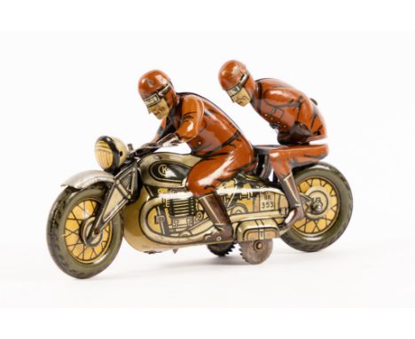 A rare CKO (Kellerman) tinplate clockwork racing motorcycle with rider and pillion passenger. Product No.353 a smaller scale 