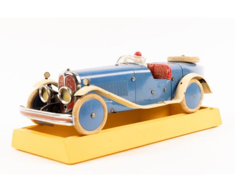 A rare 1930's No.2 Meccano Constructor Car. A boat tail example in blue with cream mudguards and running boards, red seat, bl