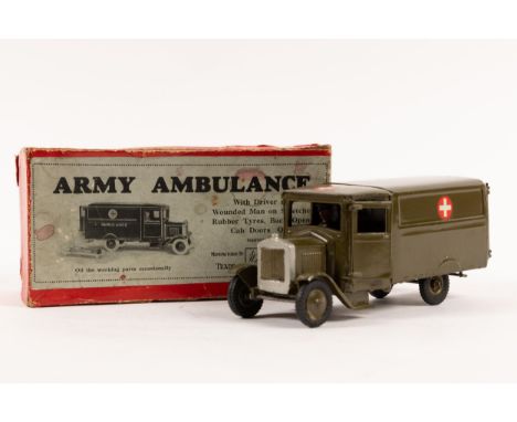A pre-war Britains Army Ambulance (1512). With driver and wounded man on stretcher, black rubber tyres, back opens, cab doors