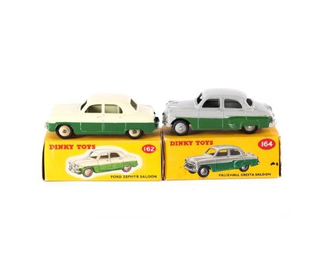 2 Dinky Toys. Ford Zephyr Saloon (162) example in dark green and cream with beige wheels. Plus a Vauxhall Cresta Saloon (164)