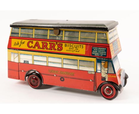 A Chad Valley tinplate clockwork AEC double decker bus. In red London Transport livery, made as a biscuit tin with detachable