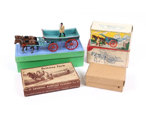 Britains etc Farm related items. A Home Farm Series Farm Waggon No.5F. An example in blue with red highlighting and wheels, c